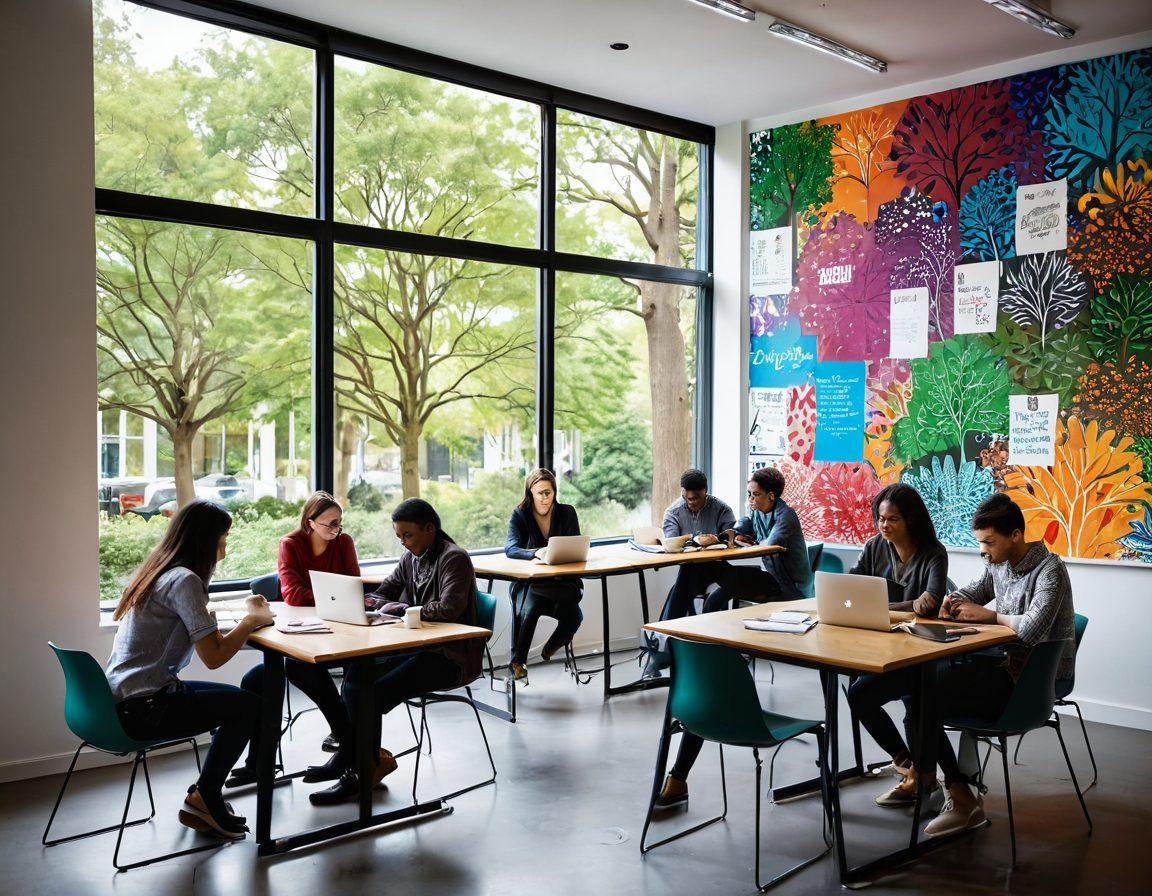 A diverse group of university students engaged in a brainstorming session, surrounded by laptops, notebooks, and coffee cups. They are sitting in a modern co-working space with inspirational posters on the walls showcasing 'Creativity', 'Collaboration', and 'Innovation'. A large window shows a vibrant university campus outside, filled with trees and students. The atmosphere is dynamic and inviting, capturing the essence of collaboration and learning. super-realistic. vibrant colors. 3D.