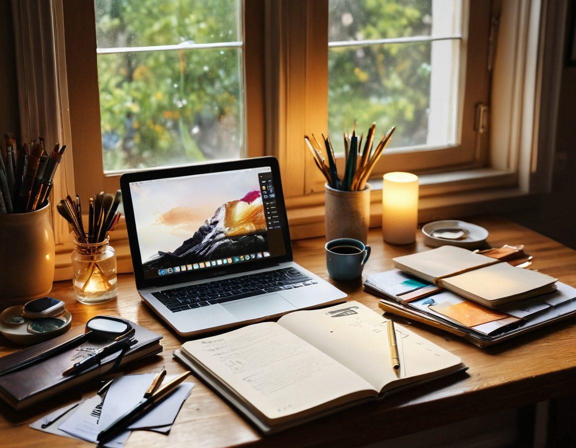 A beautifully designed digital diary opened on a wooden desk, surrounded by art supplies like paints and brushes, soft sunlight filtering through a window casting a warm glow. Include handwritten notes and a laptop open to a blog page, symbolizing creativity and personal expression. The scene embodies inspiration and creativity. warm colors. soft focus. hyper-realistic.