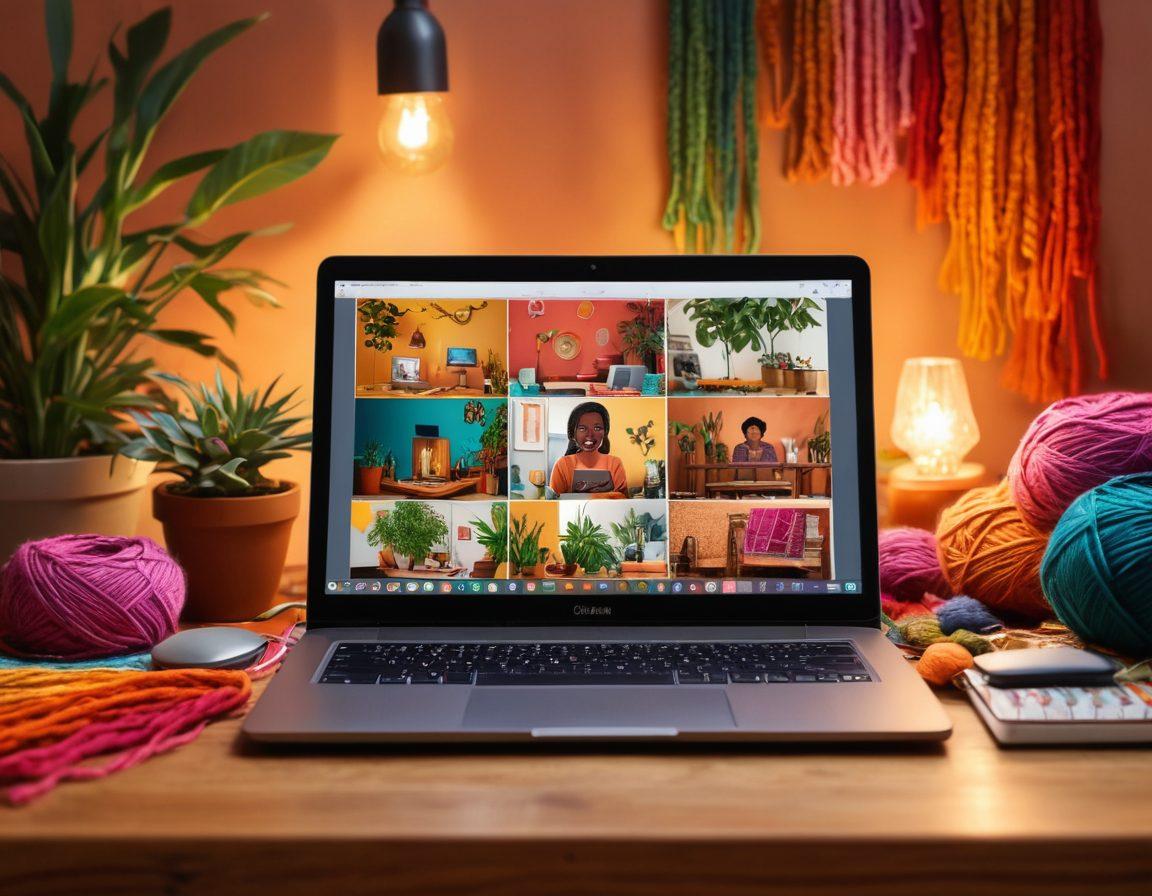 A cozy, inviting digital workspace with a laptop displaying a vibrant digital diary, surrounded by colorful yarns and weaving tools. Illustrate diverse individuals of different backgrounds connecting through video chats on the screen, smiling and sharing stories. Add elements like plants and warm lighting to enhance the sense of community and creativity. digital art. warm colors. cozy atmosphere.